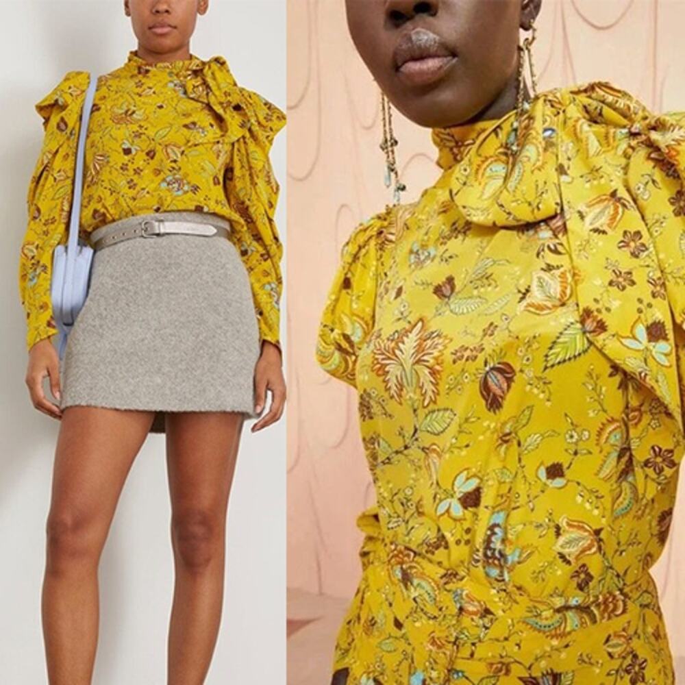 NEW Ulla Johnson  Silk Long Sleeve Floral Tie Neck Brea Blouse Yellow Size: 6